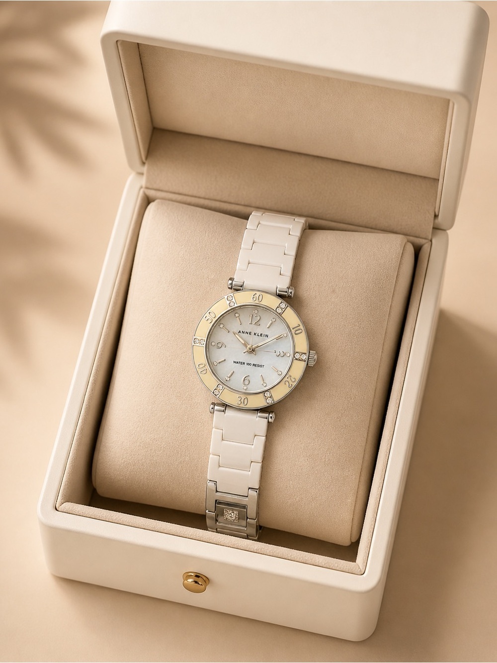 Anne Klein Two-Tone White and Gold Ceramic Link Watch